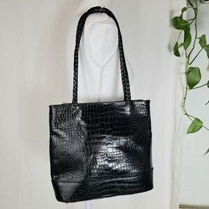 Vintage Talbots Black Crocodile-Embossed Leather Medium Tote Bag